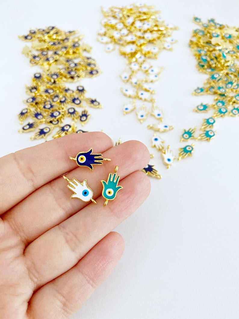 Hamsa Hand Evil Eye Charm, Hamsa Hand Connector, Blue White Hamsa