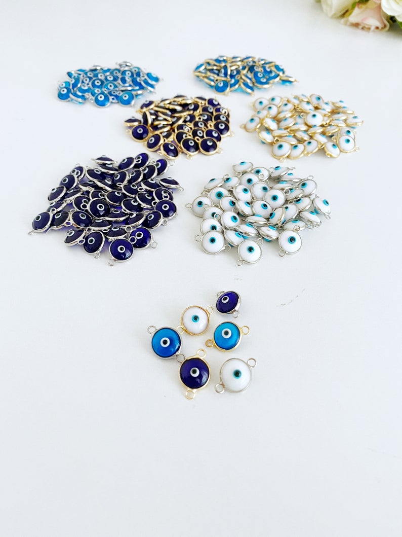 10 pcs Glass Evil Eye Charm, 10mm Evil Eye Connector, Gold Silver