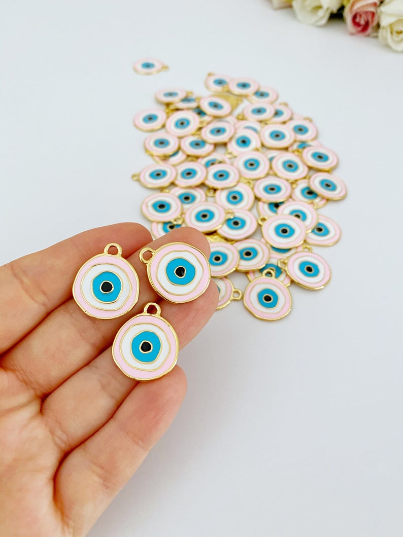 Pink Evil Eye Charm, Gold Plated Evil Eye Bead, Evil Eye Necklace