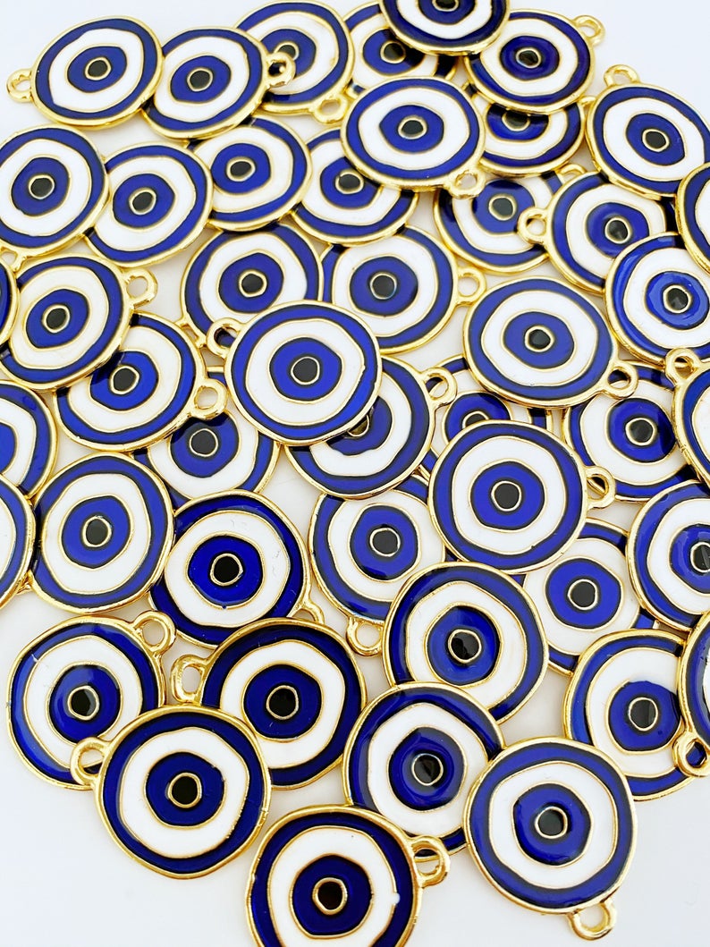 Blue Evil Eye Charm, Gold Plated Evil Eye Bead, Brass Evil Eye Charm