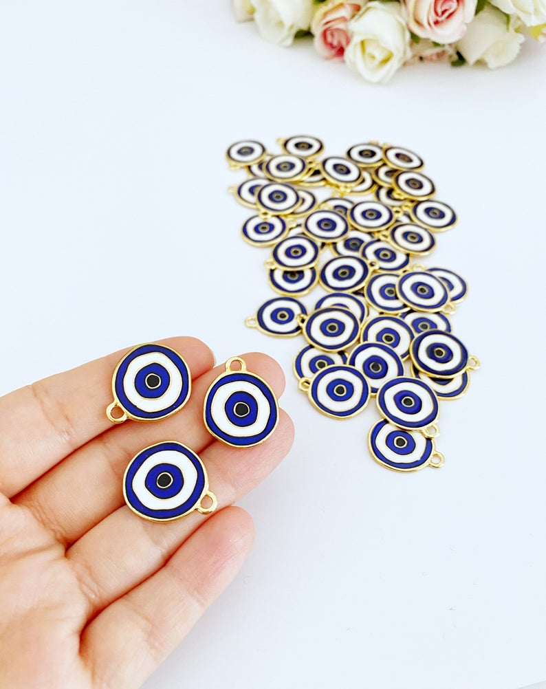 Blue Evil Eye Charm, Gold Plated Evil Eye Bead, Brass Evil Eye Charm
