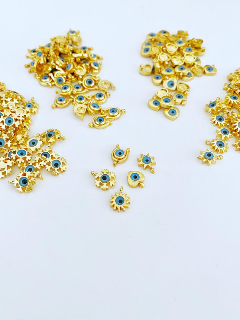 5 pcs Gold Mini Evil Eye Charm, Mini Evil Eye Pendant, Heart Star