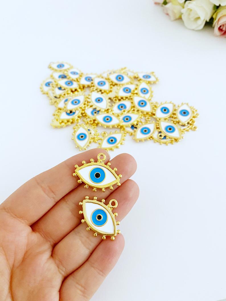 White Evil Eye Charm, Enamel Evil Eye Bead, Gold Evil Eye Pendant