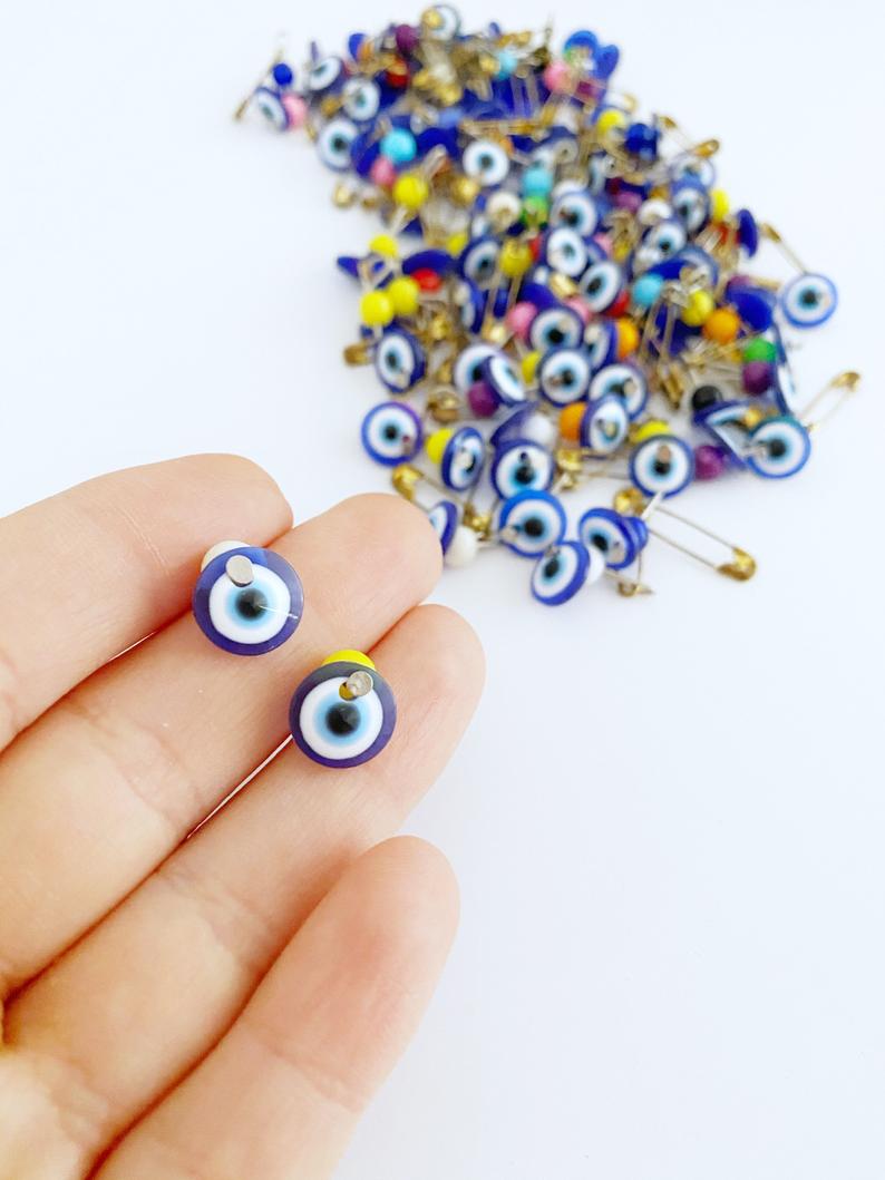Evil Eye Safety Pins, 100 pcs, Wedding Invitation Favor Supplies, Blue