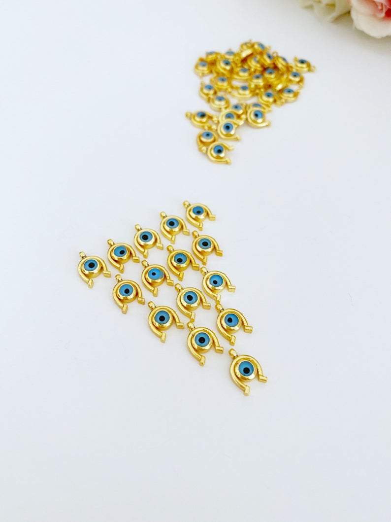 Horseshoe Evil Eye Charm, 5 pcs BULK, Mini Gold Evil Eye Bead,