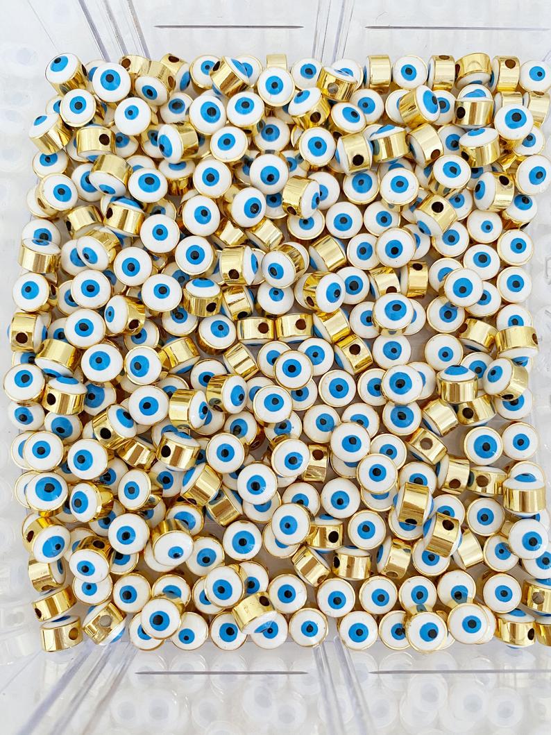 5 pcs White Evil Eye Beads, BULK, Evil Eye Spacer Beads, 7mm connector