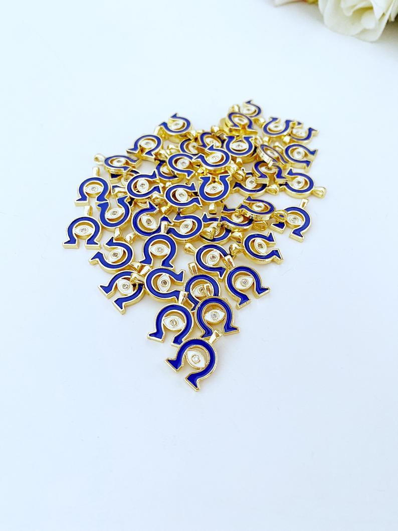 5 pcs Blue Horseshoe Evil Eye Charm, BULK, Gold Evil Eye Bead,