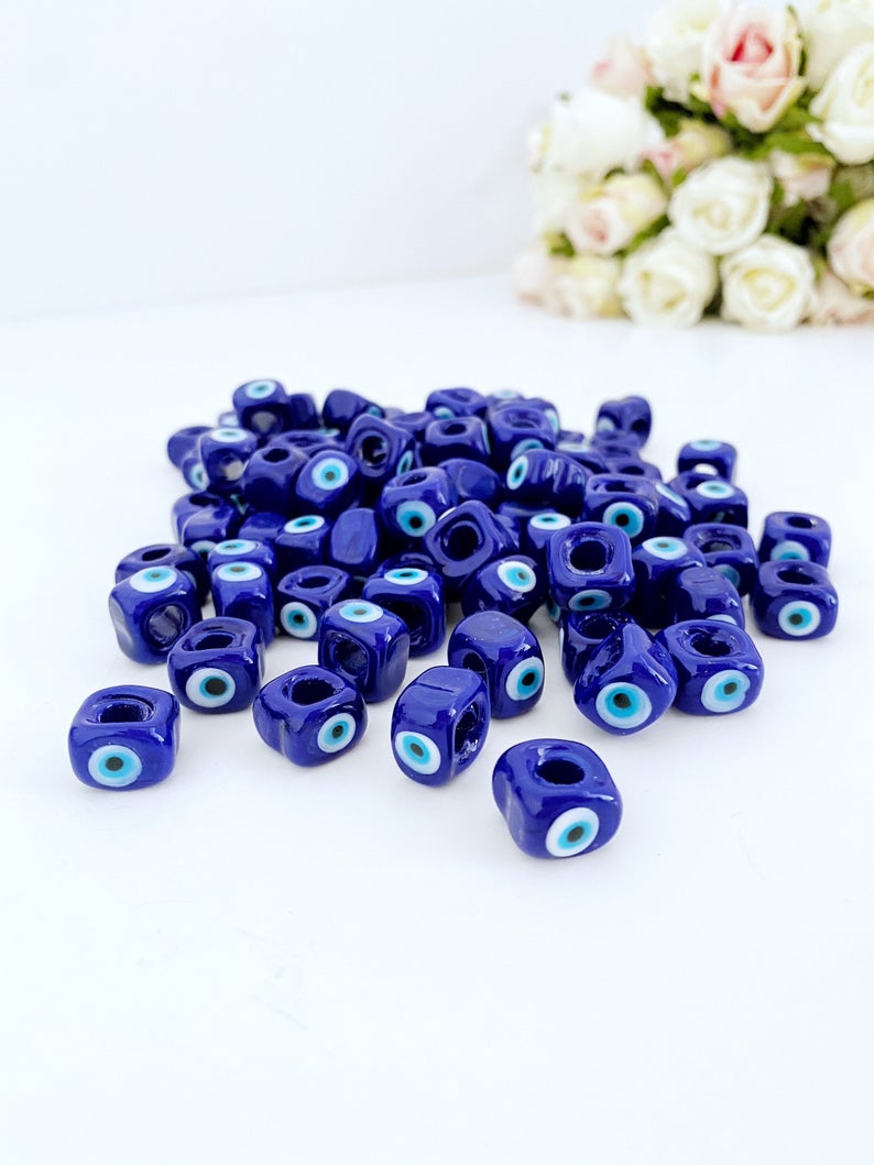5 pcs Big Evil Eye Cube Beads, Blue Glass Evil Eye Bead, DIY Evil Eye