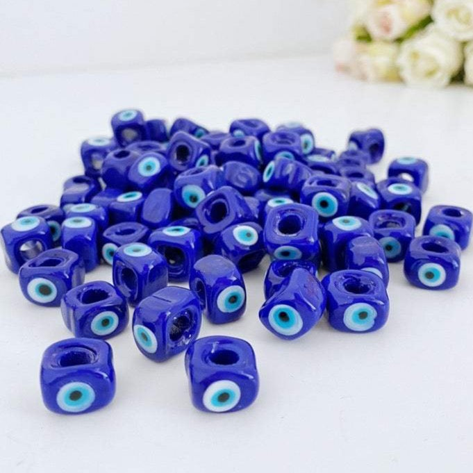 5 pcs Big Evil Eye Cube Beads, Blue Glass Evil Eye Bead, DIY Evil Eye