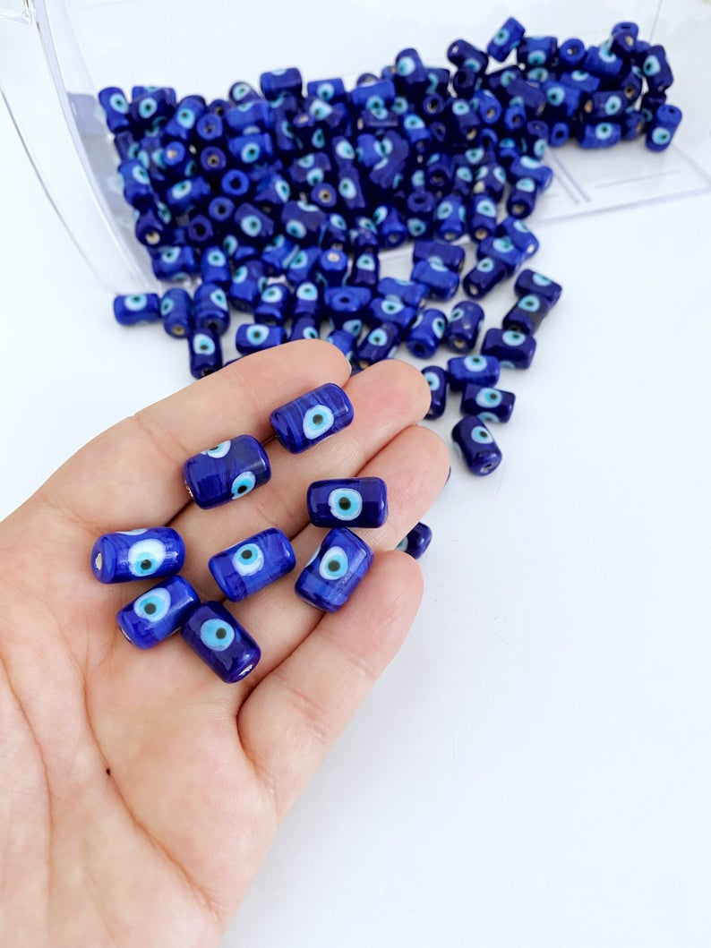 5 pcs Blue Evil Eye Tube Beads, BULK Evil Eye Murano Bead, Evil Eye