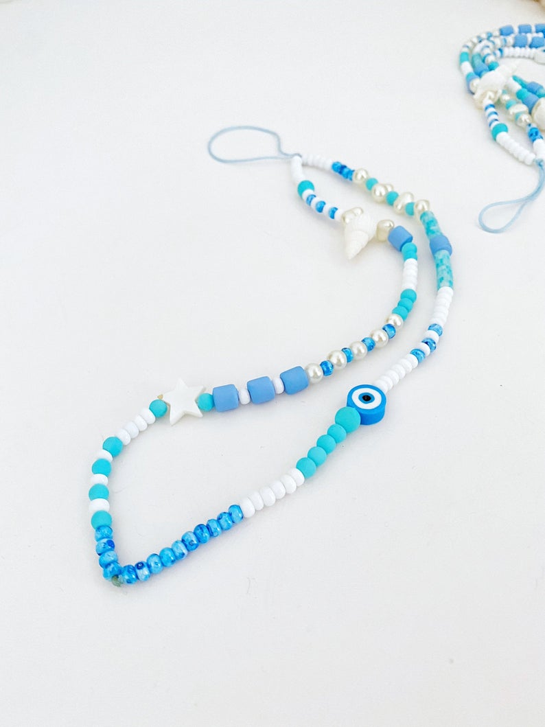 Evil Eye Phone Charm Strap, Phone Landyard, White Blue Beaded Phone