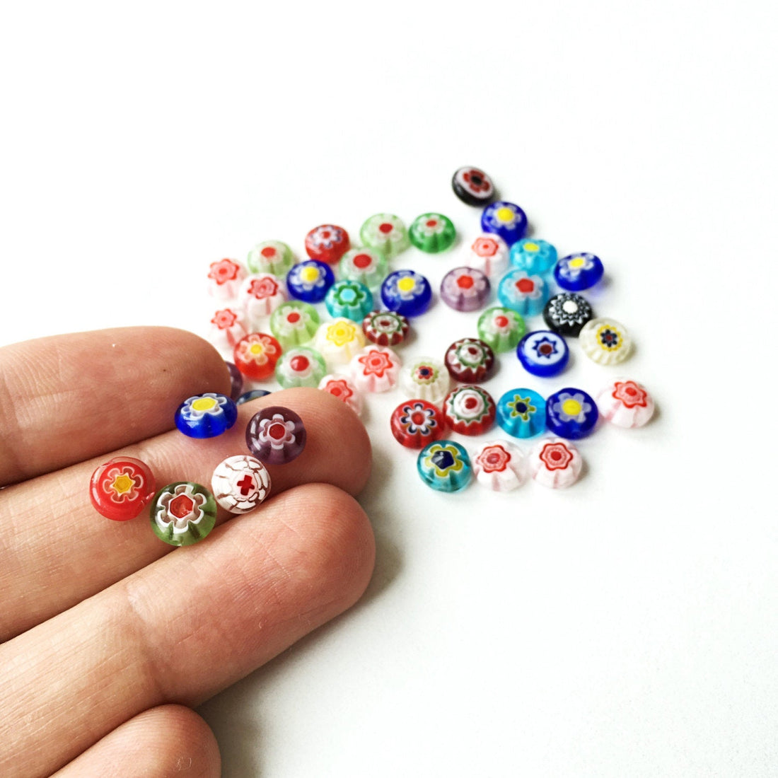 10mm 8mm millefiori flat coin glass beads, 35-45 pcs evil eye flat