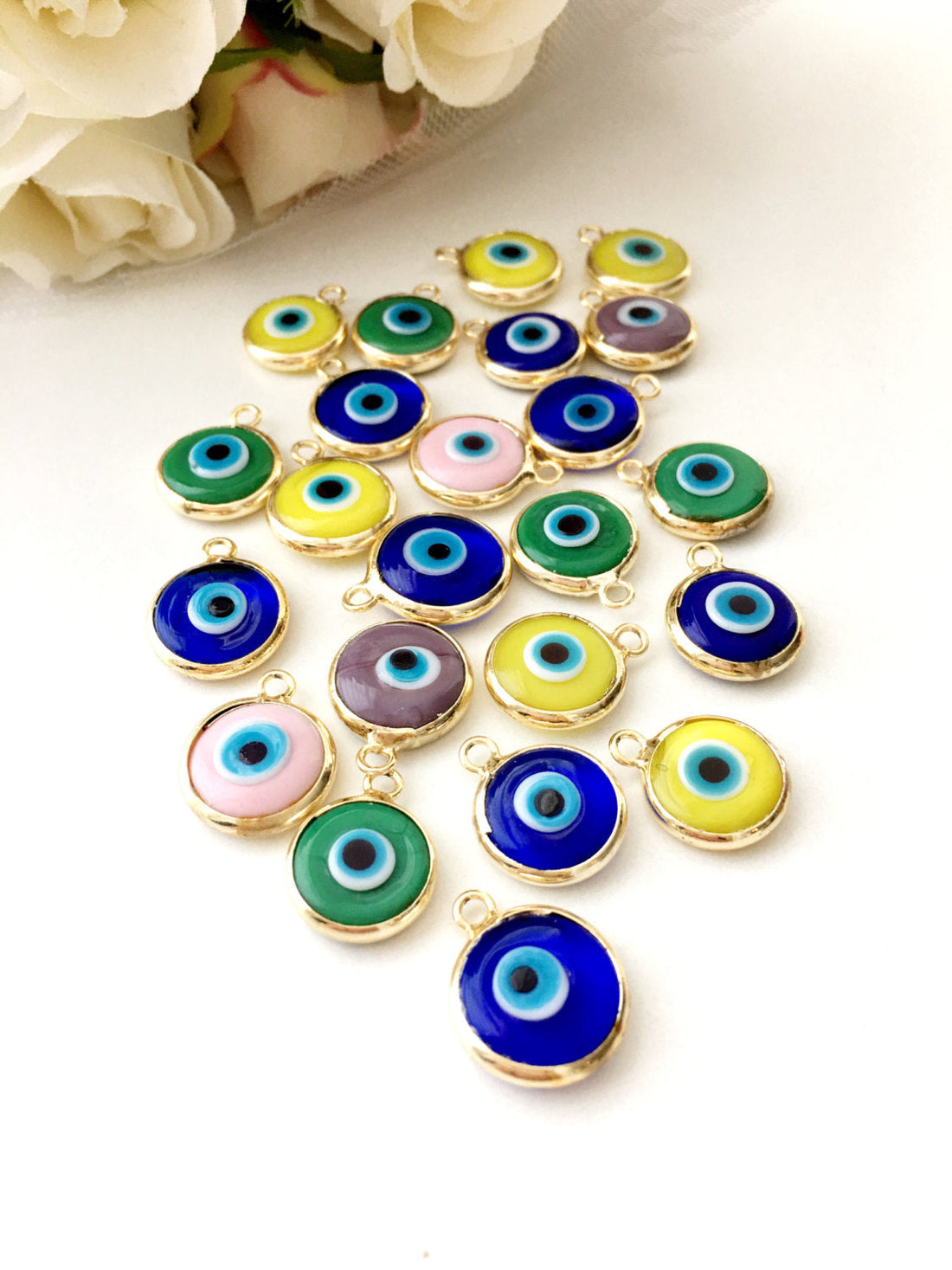 2pcs gold plated evil eye pendants, 12mm evil eye charms, glass evil