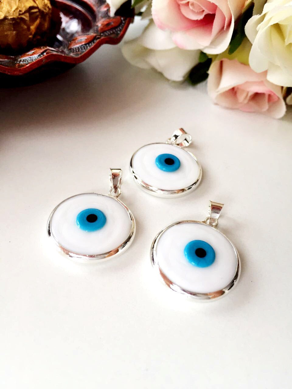 2pcs evil eye pendants, white glass evil eye bead, white murano glass