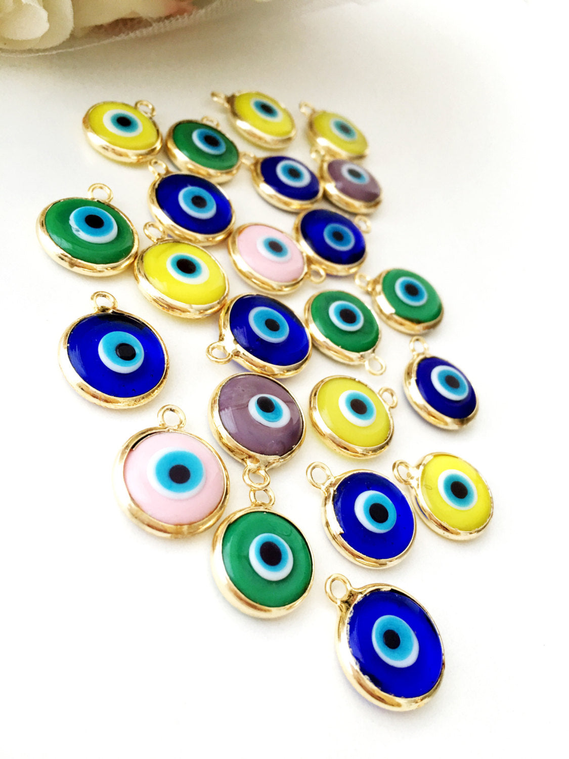 2pcs gold plated evil eye pendants, 12mm evil eye charms, glass evil
