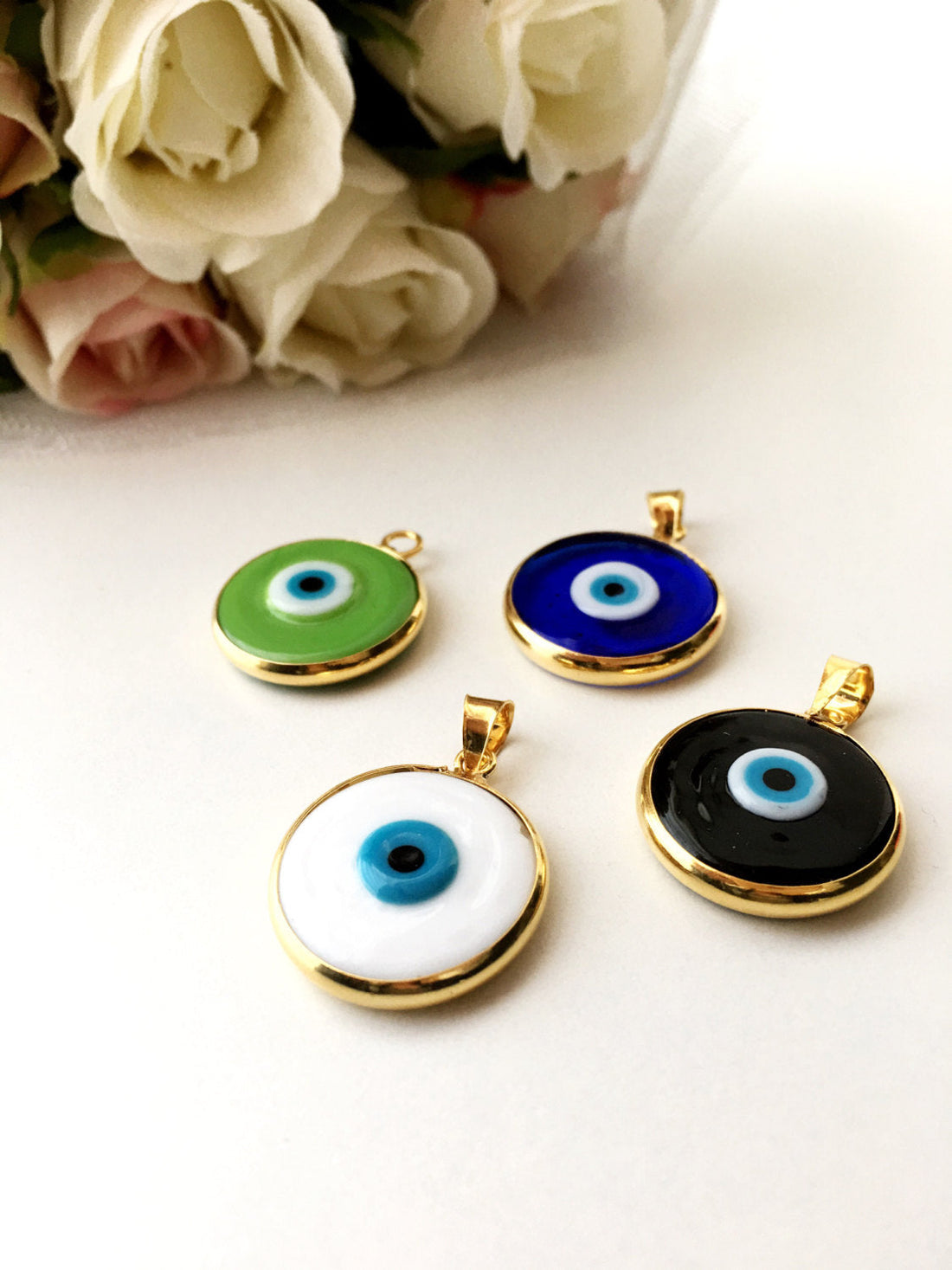 2pcs glass evil eye bead, evil eye pendants, gold plated evil eye