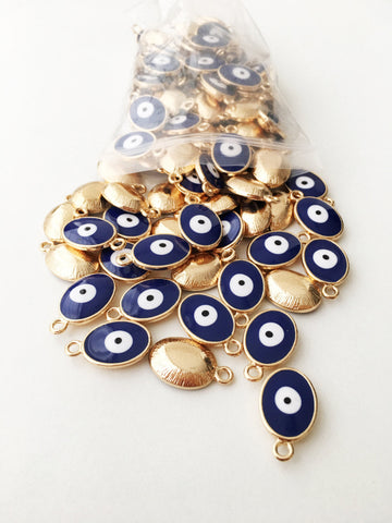 Oval evil eye charm, 5 pcs blue evil eye charms, enamel evil eye