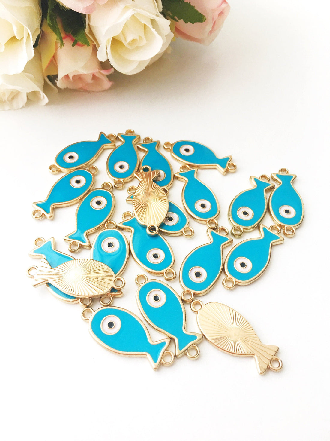 Evil eye charm, turquoise pendant, 2 pcs fish charm for necklace, evil