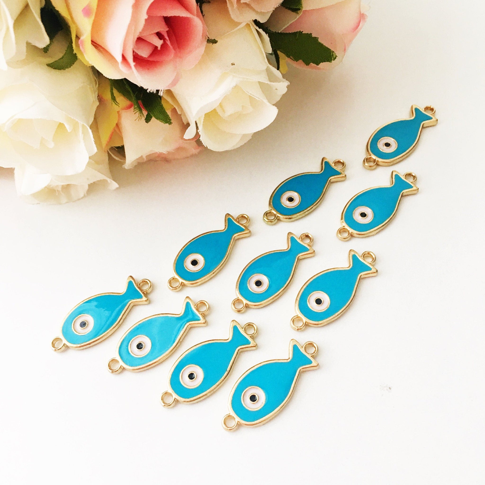 Evil eye charm, turquoise pendant, 2 pcs fish charm for necklace, evil