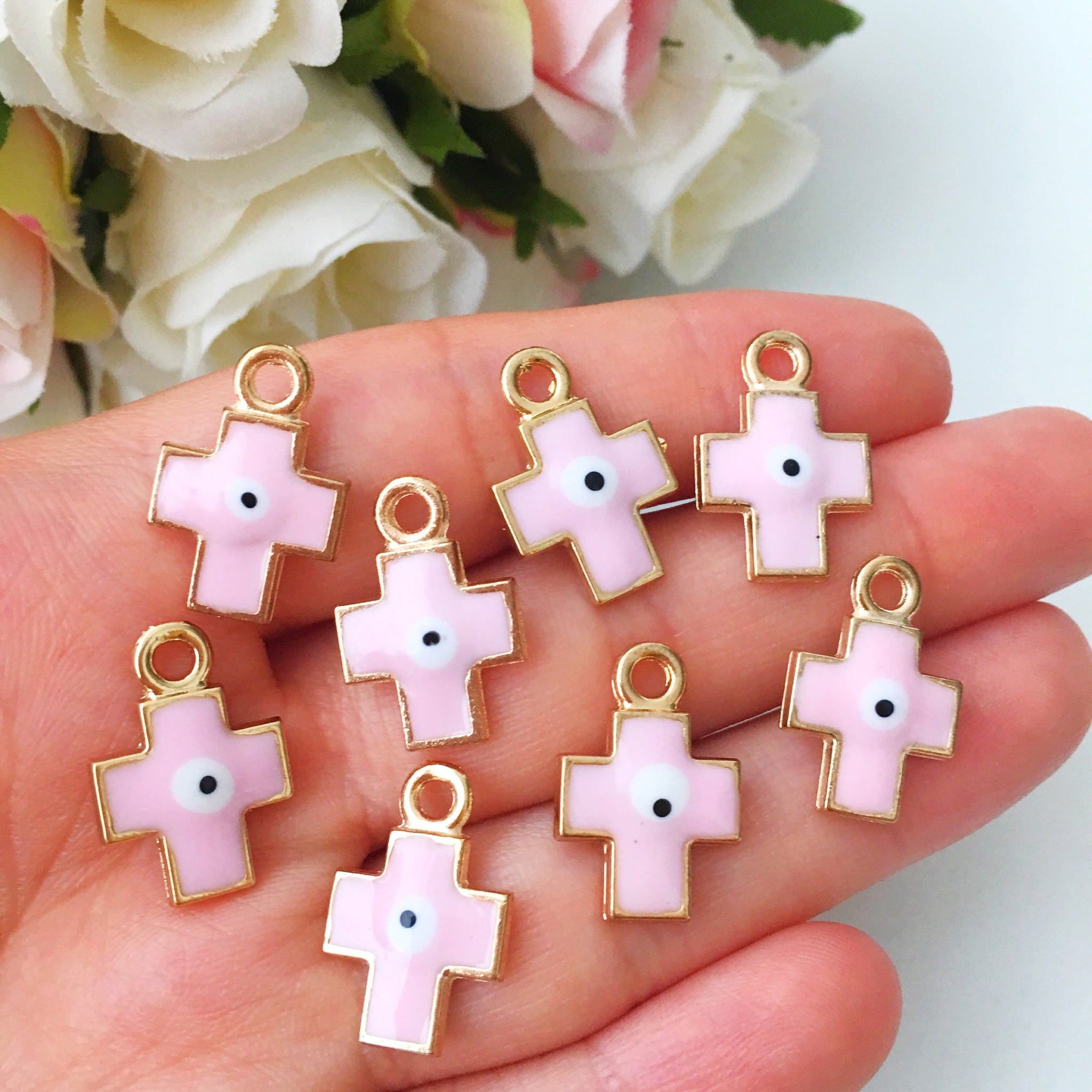evil eye charm, 5pcs cross evil eye charm, baby pink cross evil eye
