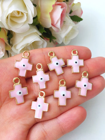 evil eye charm, 5pcs cross evil eye charm, baby pink cross evil eye