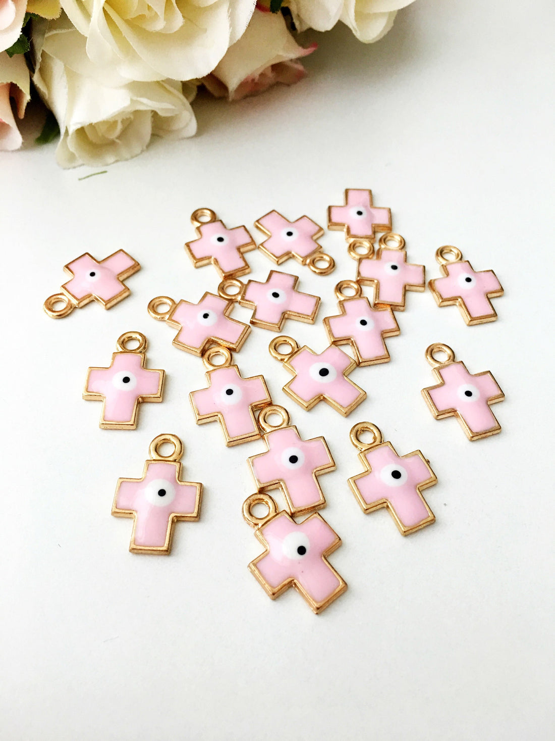 evil eye charm, 5pcs cross evil eye charm, baby pink cross evil eye
