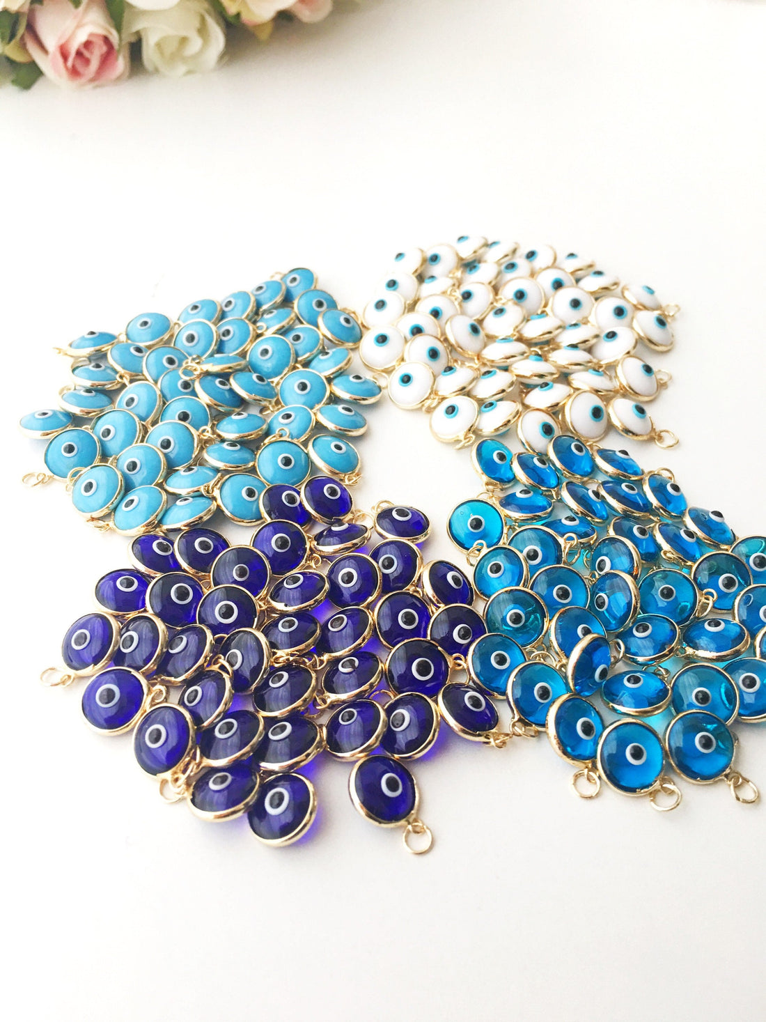 Gold evil eye charm, blue evil eye beads, glass evil eye charms,
