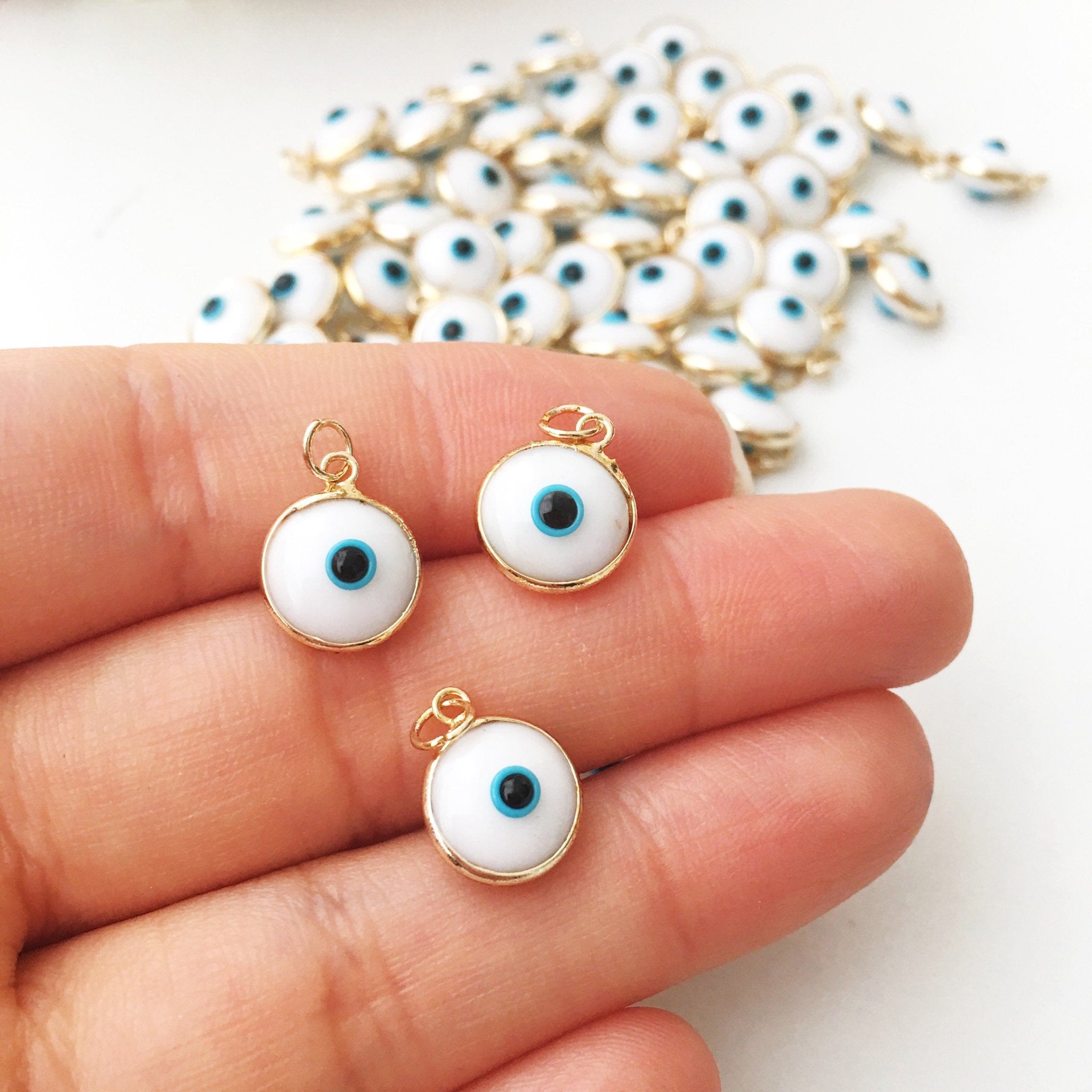 White evil eye beads, evil eye charm, glass evil eye charm, evil eye