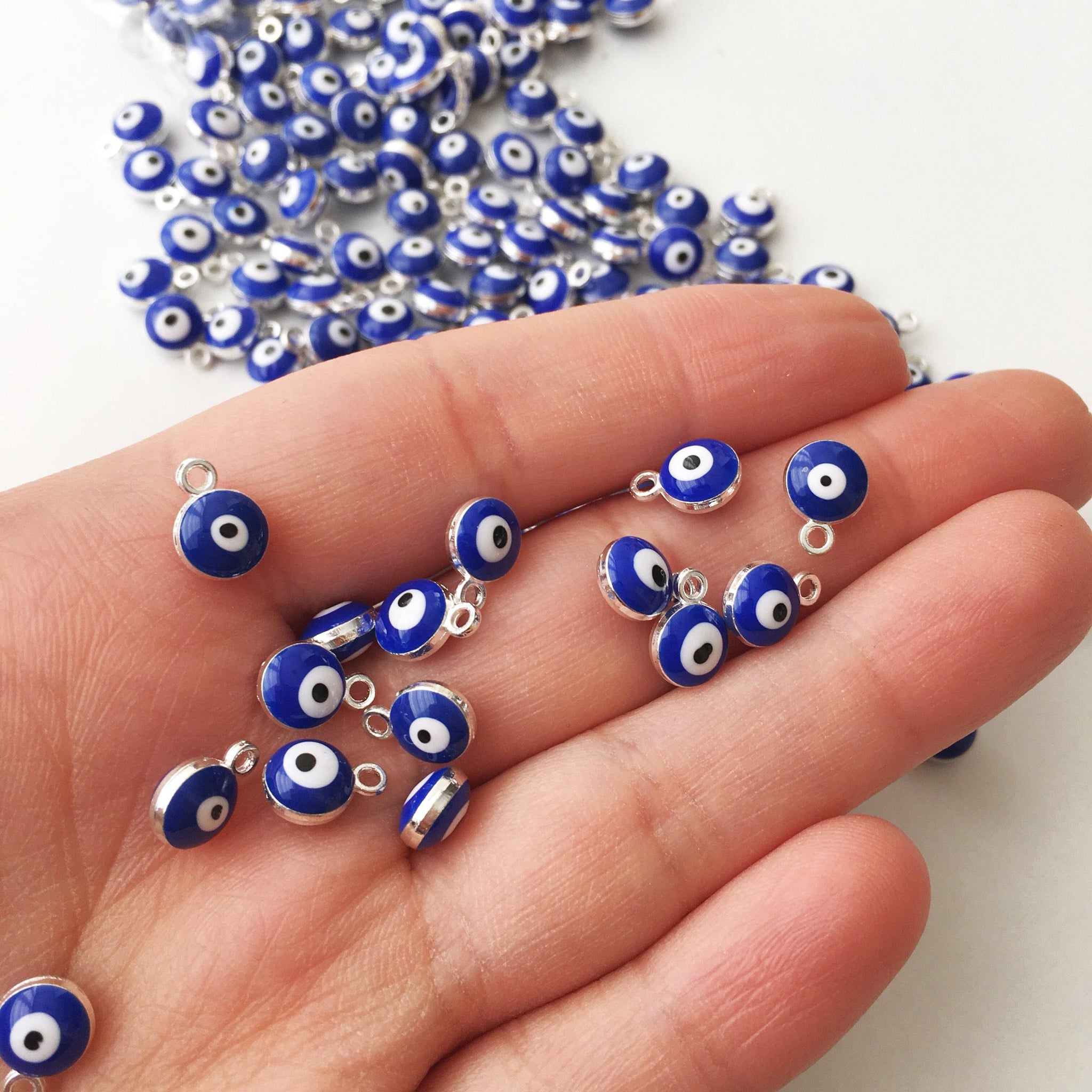 Blue evil eye charm 10 pcs, silver evil eye charm, evil eye necklace