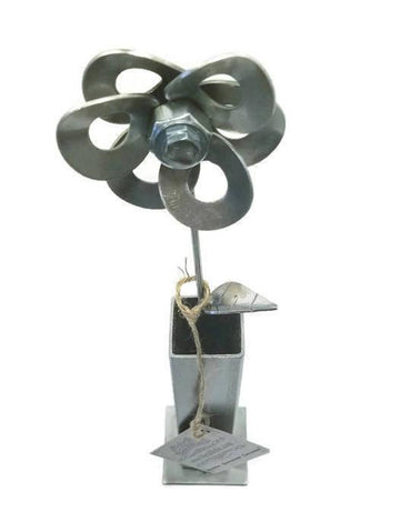 Metal Flower and Vase, Recycled Steel Metal Flower with Vase,