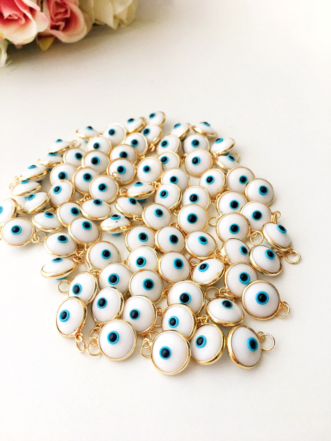 White evil eye beads, evil eye charm, glass evil eye charm, evil eye