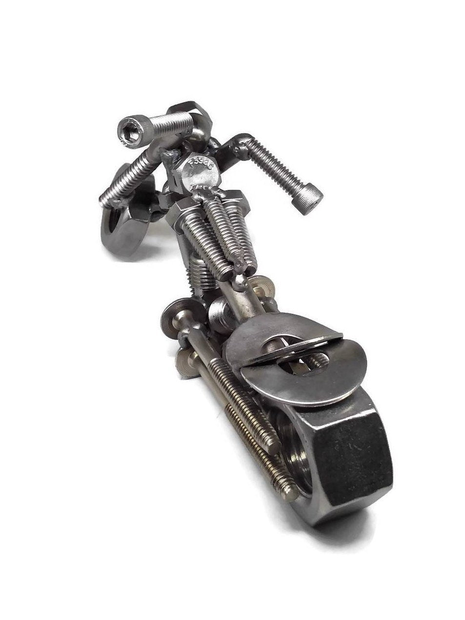 Metal Motorcycle Figurine, Scrap Steel Chopper, Nuts and Bolts Custom