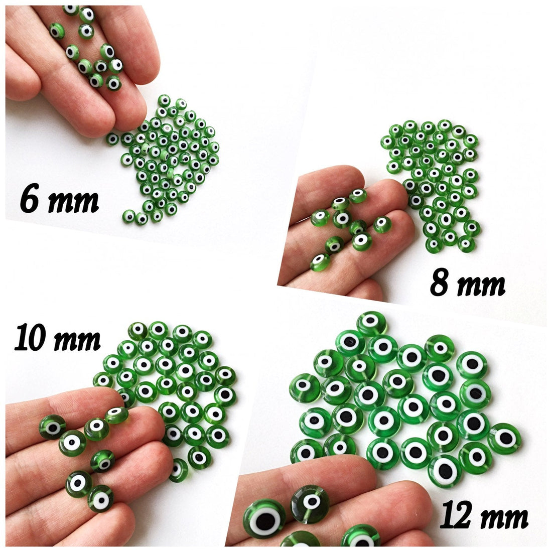 Flat evil eye glass beads- 6mm to 12mm- green evil eye beads- evil eye