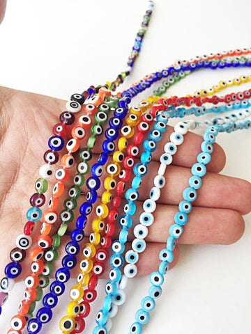 6mm flat evil beads- Turkish evil eye- strand for red, yellow, green,