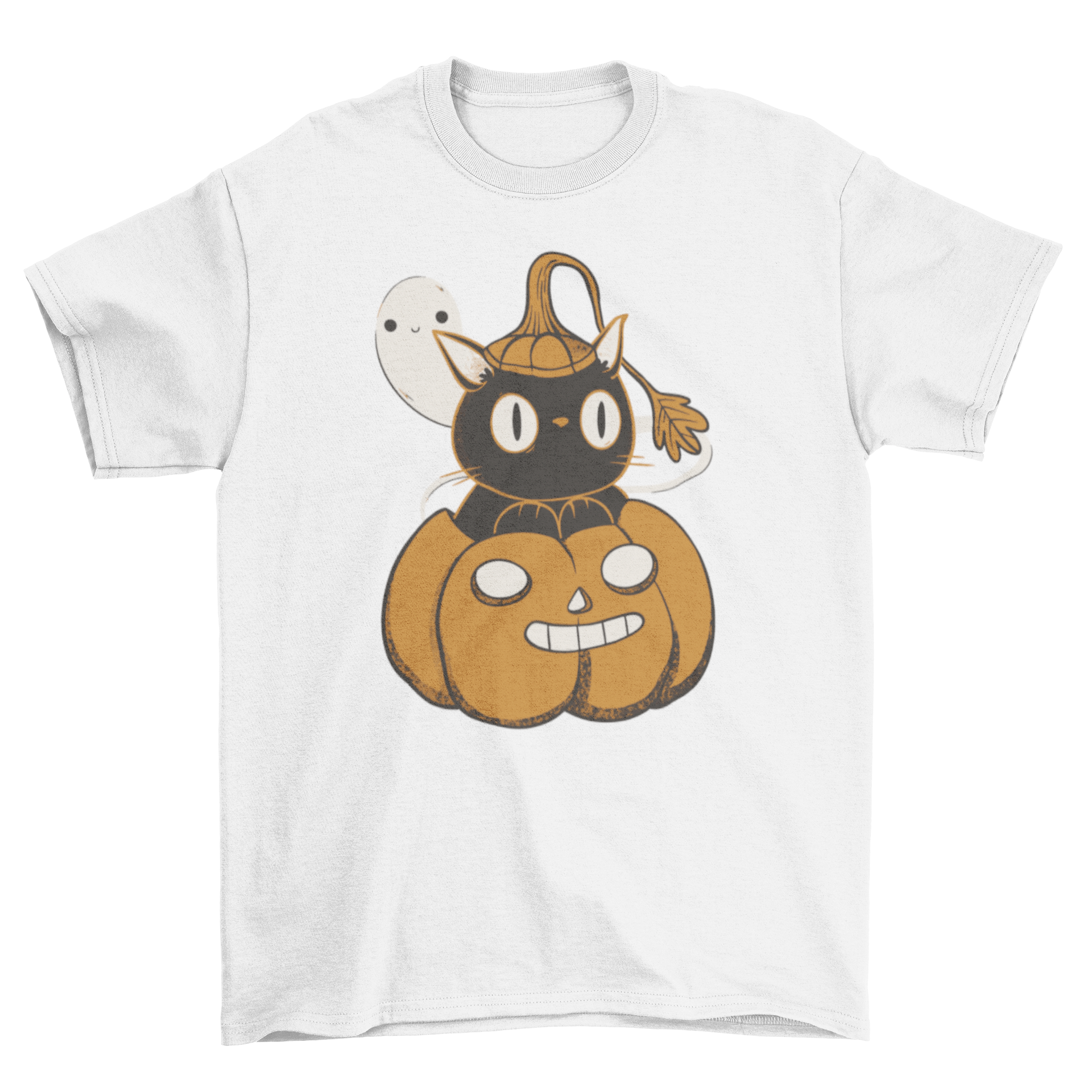Halloween Black Cat inside Pumpkin with Ghost T-Shirt