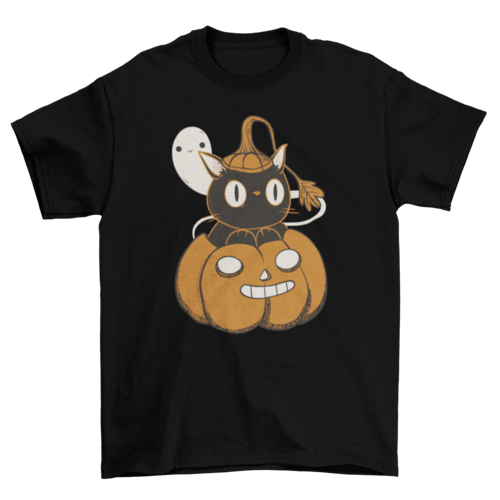 Halloween Black Cat inside Pumpkin with Ghost T-Shirt