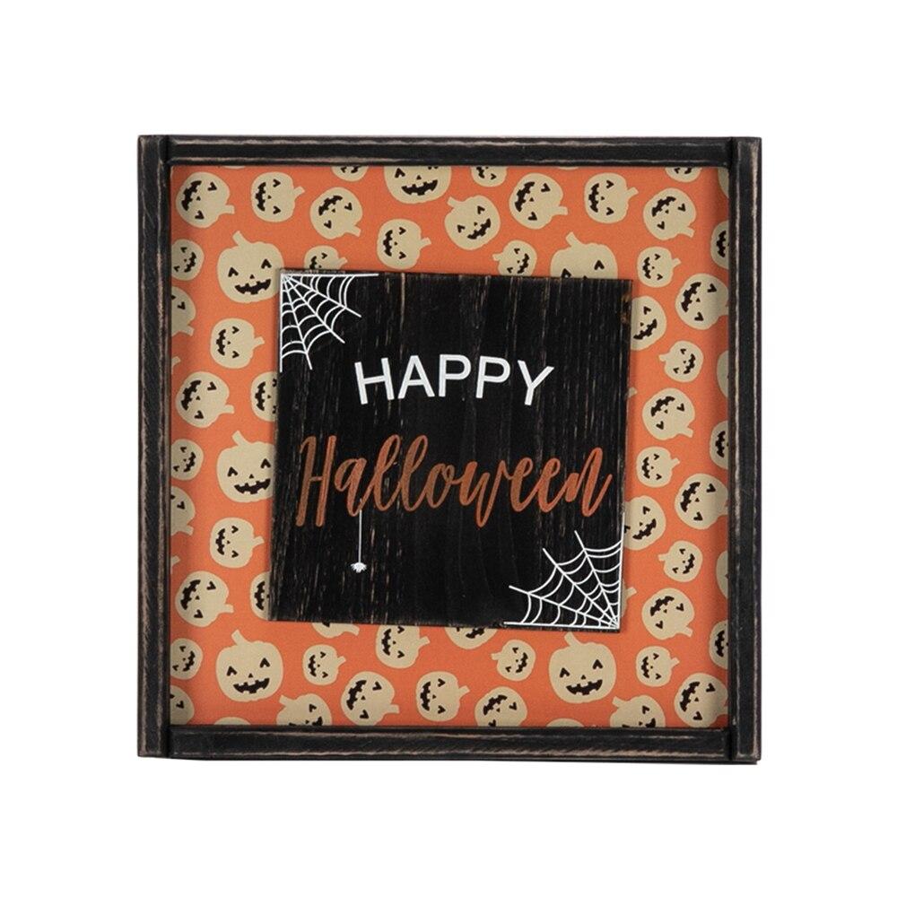 Halloween wood wall sign Happy Pumpkin smiley with orange bottom