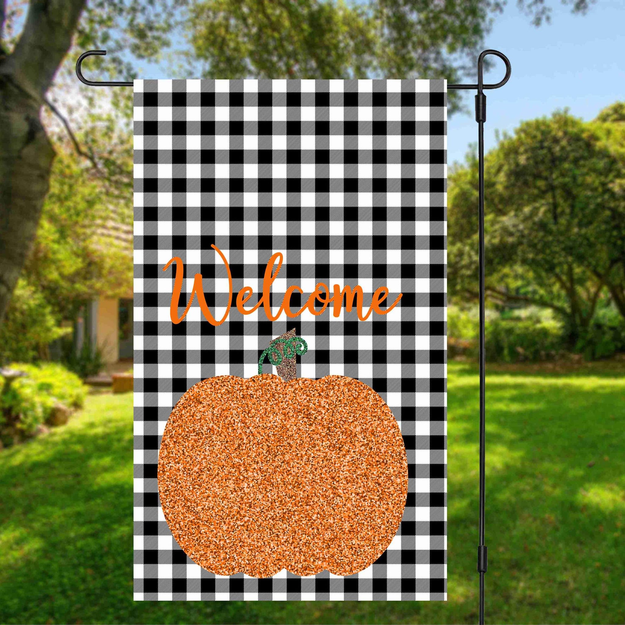White Buffalo Plaid Pumpkin Garden Flag