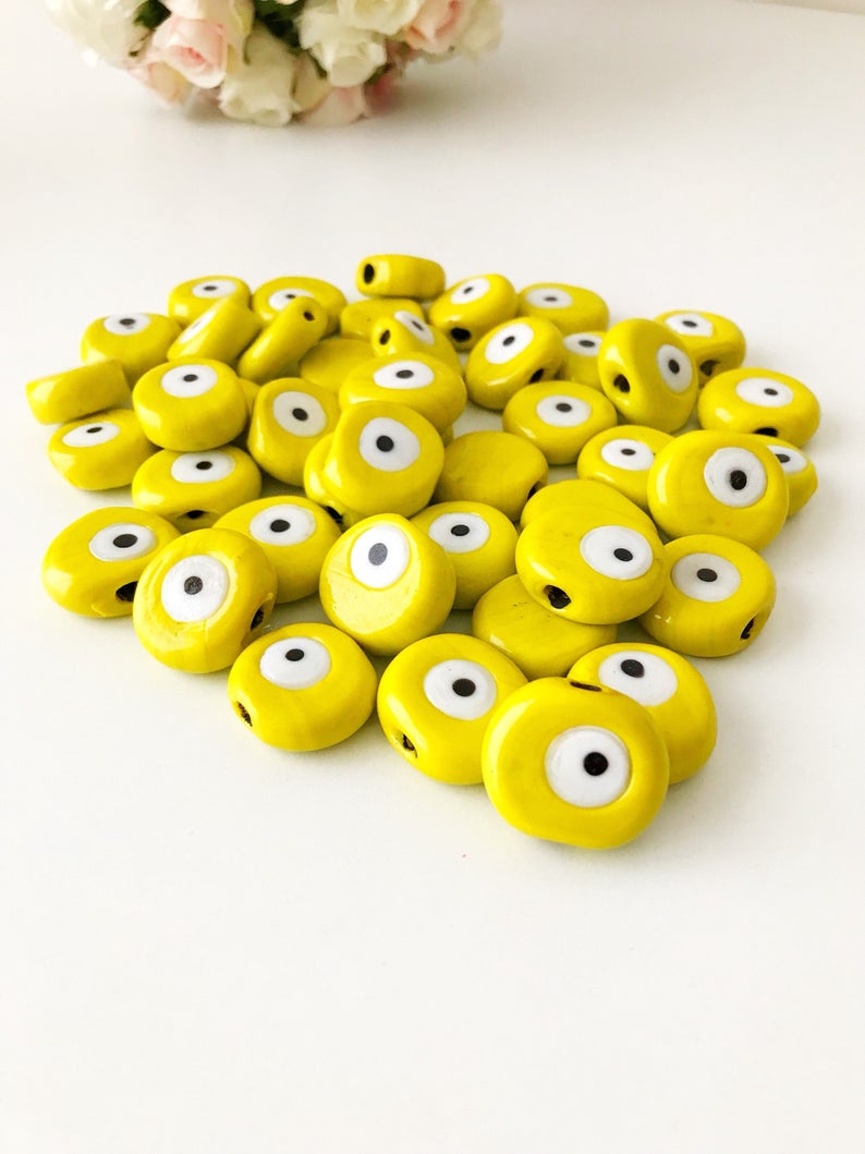 Yellow murano evil eye glass beads - 5 pcs